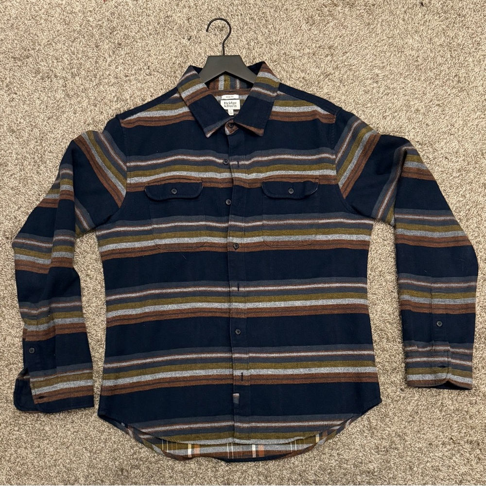 Bridge & Burn The Cole Slim Flannel Shirt Navy Multi Striped Large